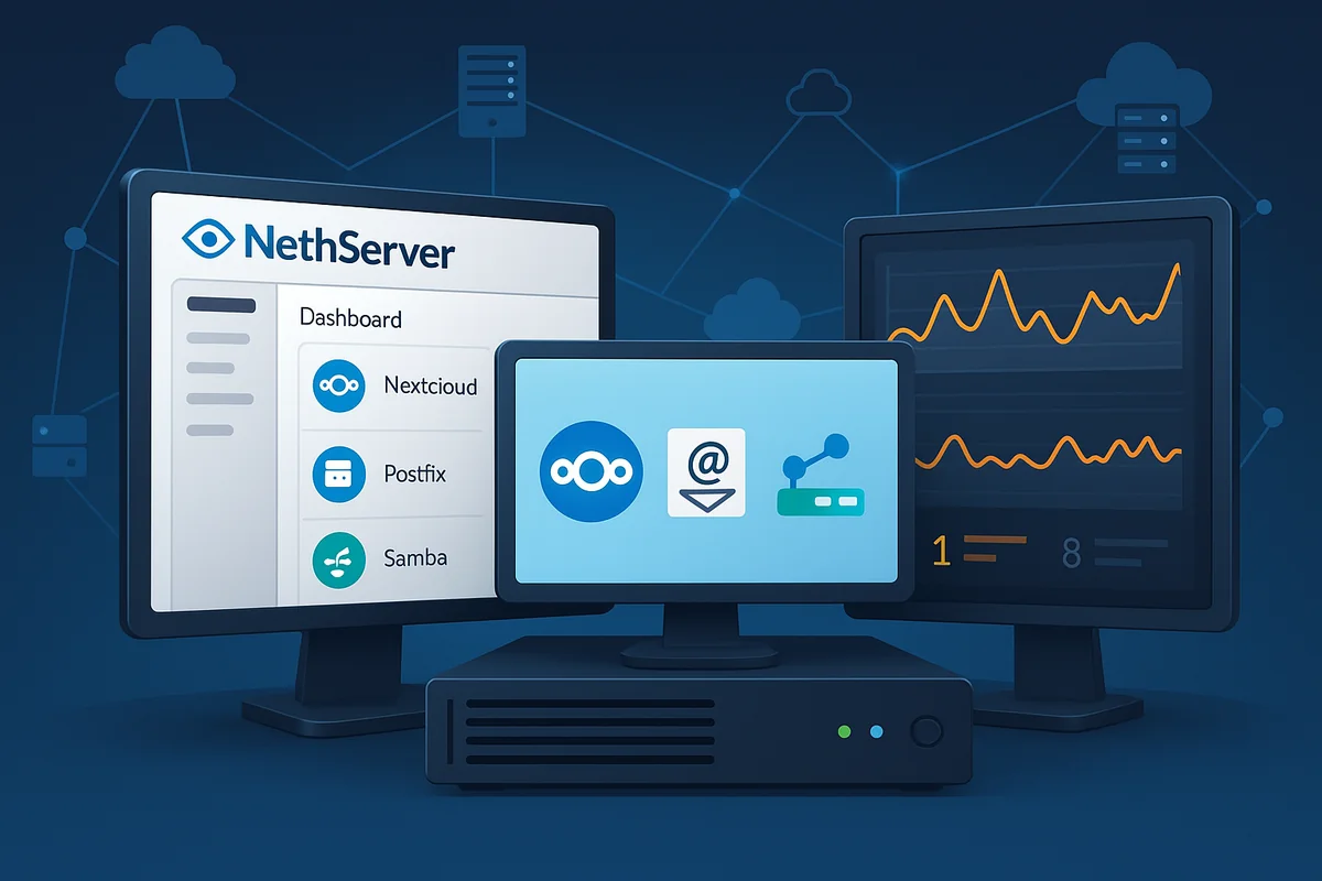 Интерфейс NethServer с мониторингом Grafana и контейнерными сервисами Nextcloud, Postfix и Samba