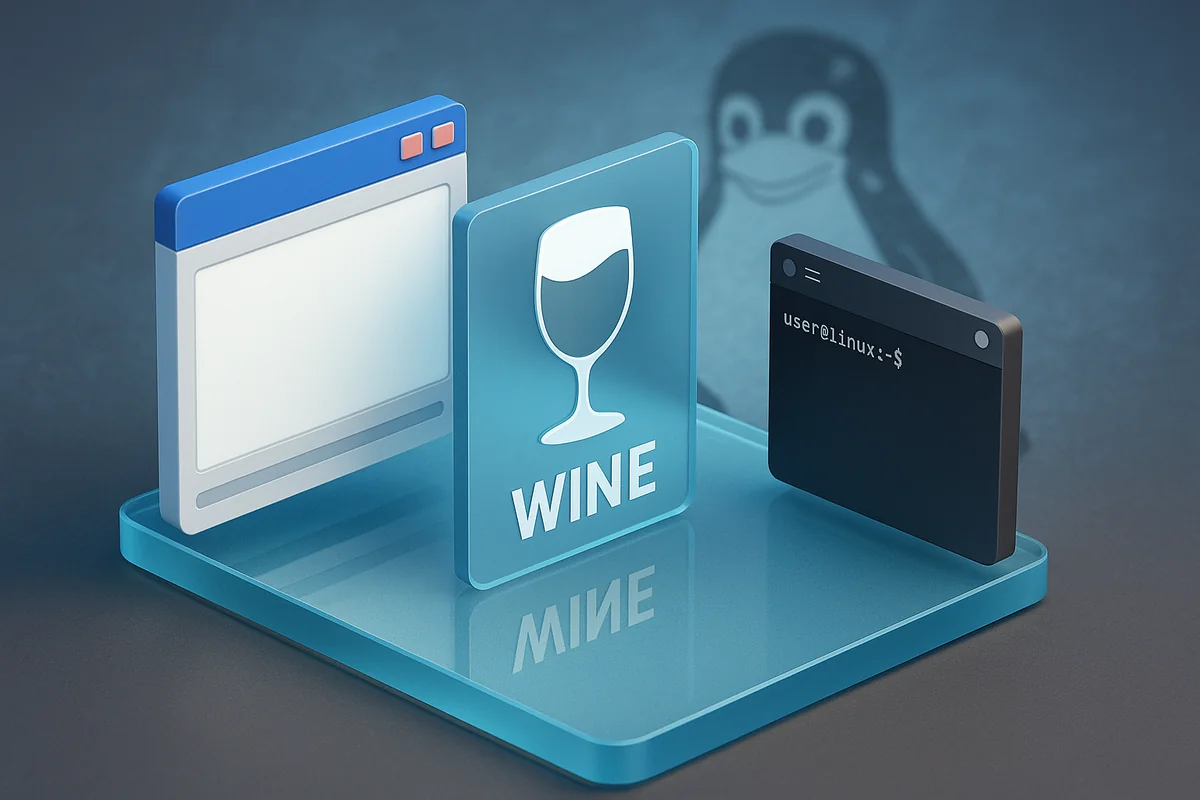 Совместимость Windows и Linux: Wine как стеклянный мост между приложениями двух систем, визуализированный через интерфейсы Windows и Linux, соединённые прозрачным слоем совместимости.