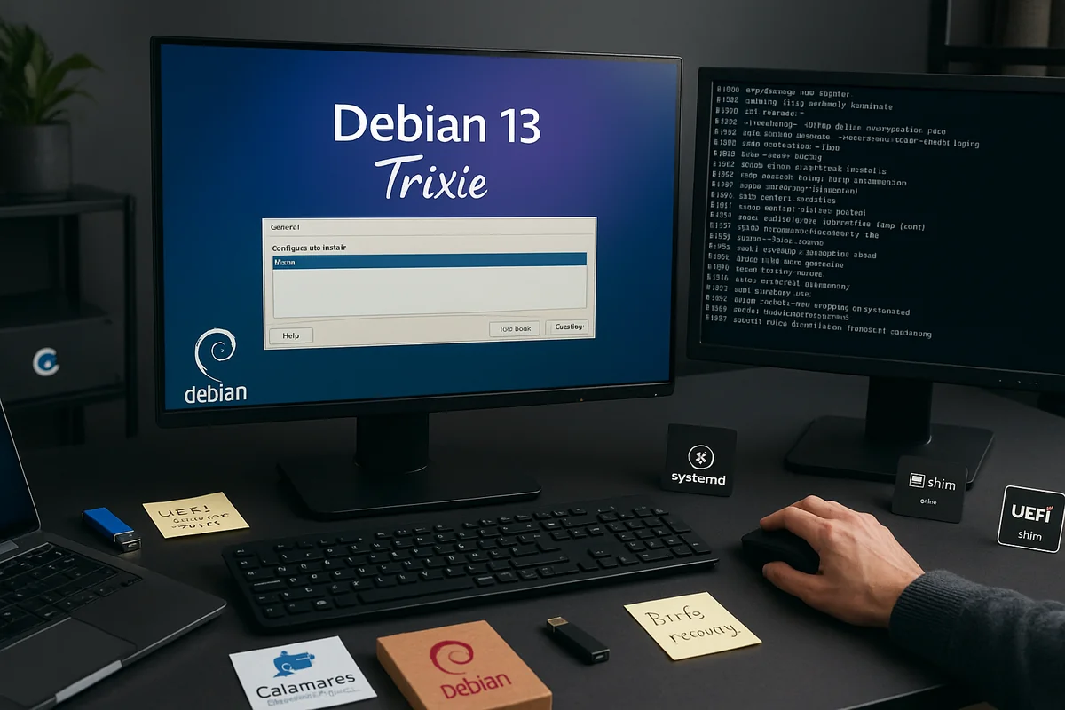 Рабочее место с установщиком Debian 13 Trixie и терминалом с логами установки Linux