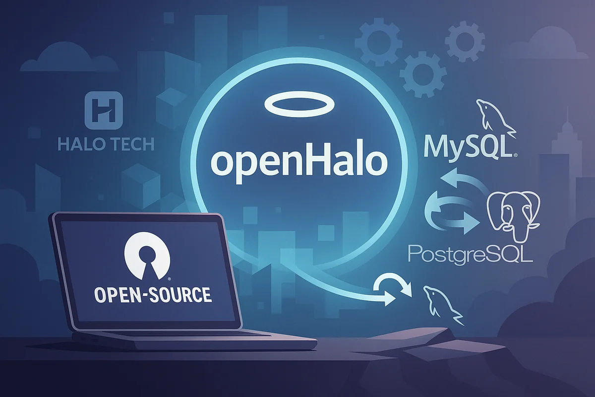 История появления openHalo: запуск проекта Halo Tech для миграции с MySQL на PostgreSQL, логотипы систем, символика open-source и направления перехода