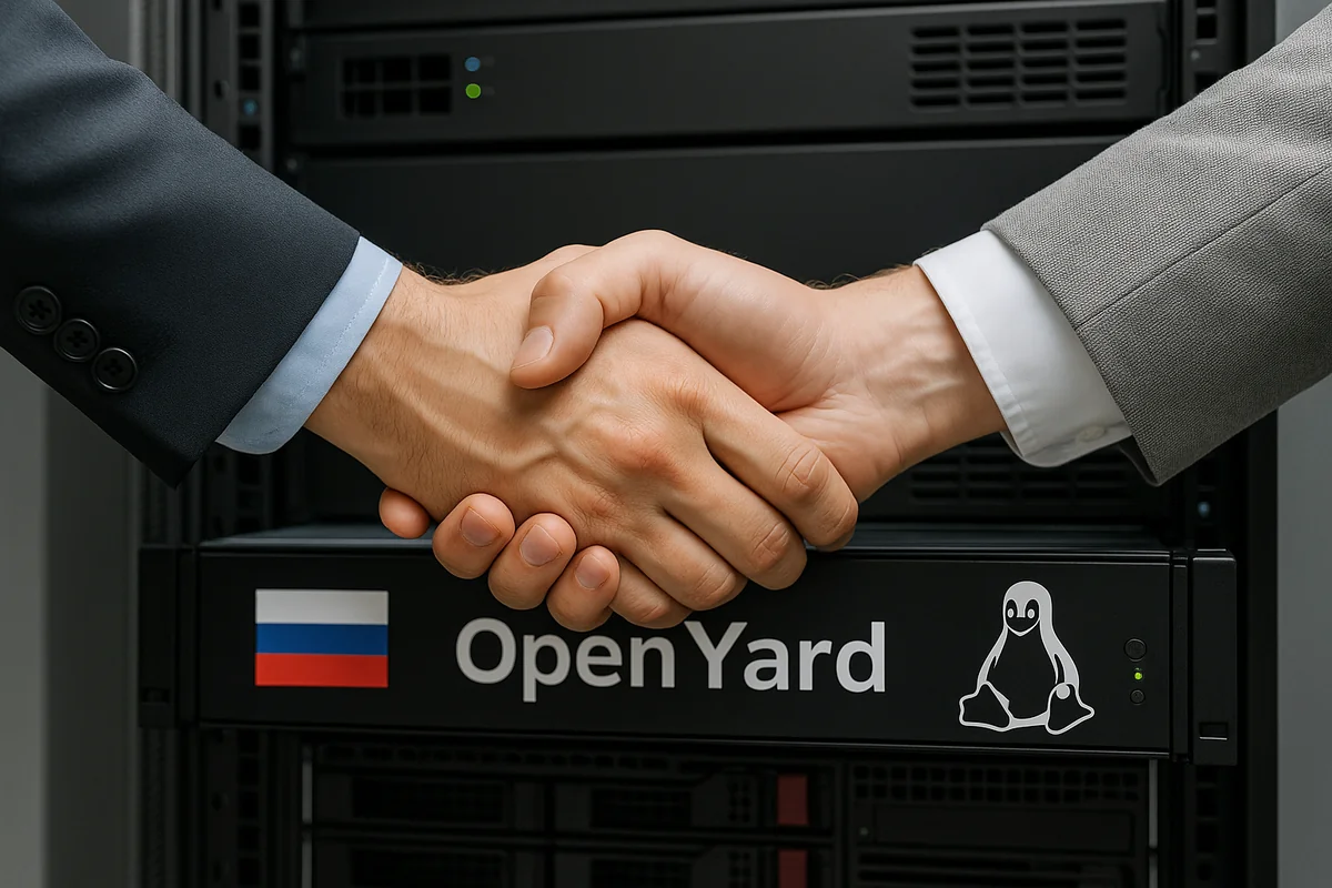 Рукопожатие на фоне серверов OpenYard с символами Linux и российского флага