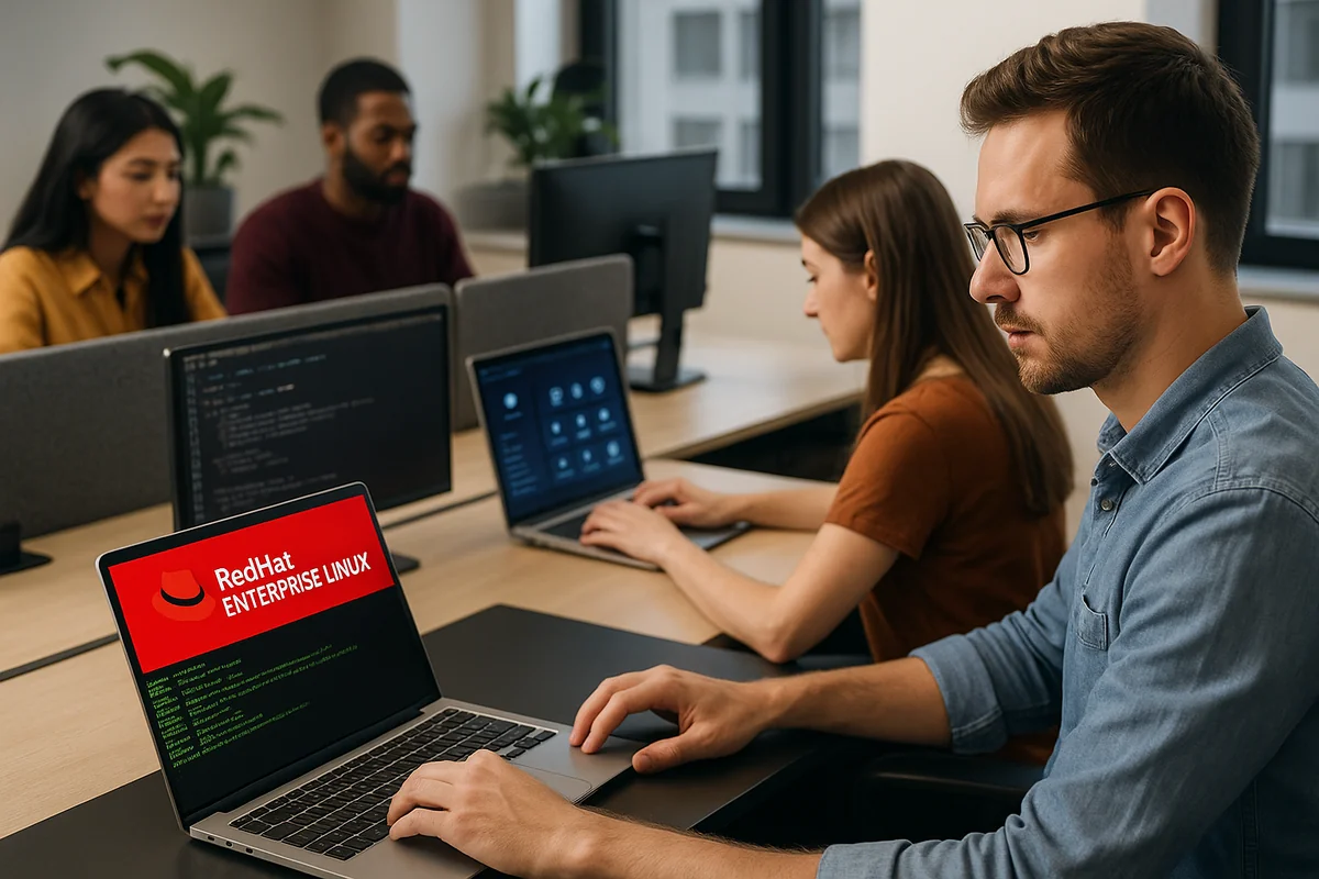 Разработчики в офисе работают с Red Hat Enterprise Linux и Podman Desktop