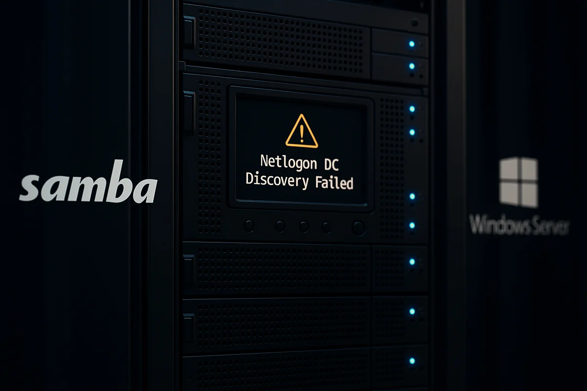 Серверная стойка с ошибкой Netlogon DC Discovery и логотипами Samba и Windows Server