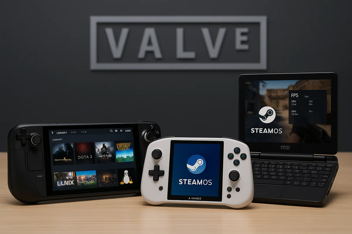 Портативные устройства Steam Deck, AYANEO и GPD с интерфейсами SteamOS и библиотекой Linux-игр на фоне логотипа Valve